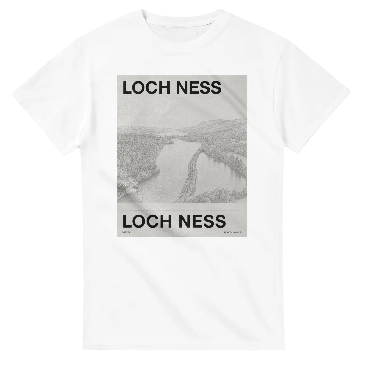 Fine-line engraving-style drawing for Loch Ness, with a landmark caption and small coordinate text.