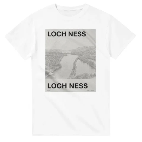 Fine-line engraving-style drawing for Loch Ness, with a landmark caption and small coordinate text.