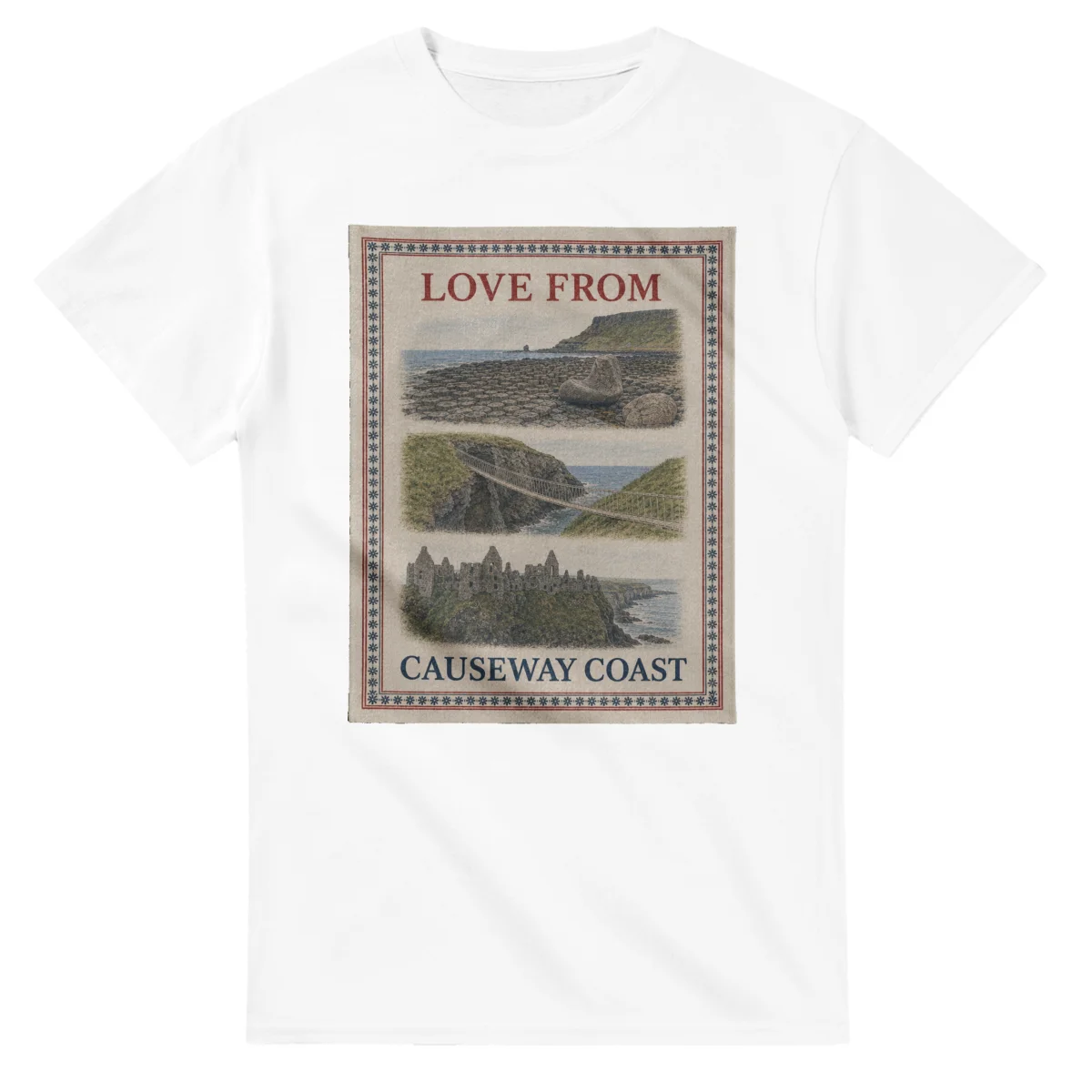 Framed scenic design for Causeway Coast, with several local views, a decorative border and LOVE FROM lettering.