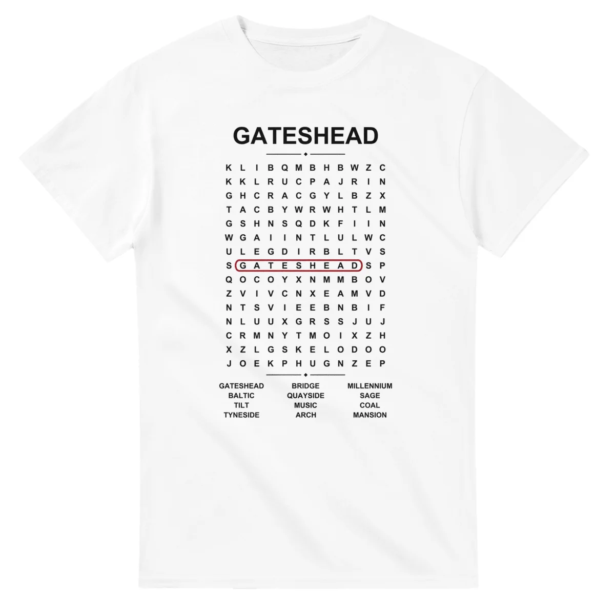 Word-search sheet for Gateshead, with a large place-name heading, a letter grid, a local answer list, and a red highlighted example word.