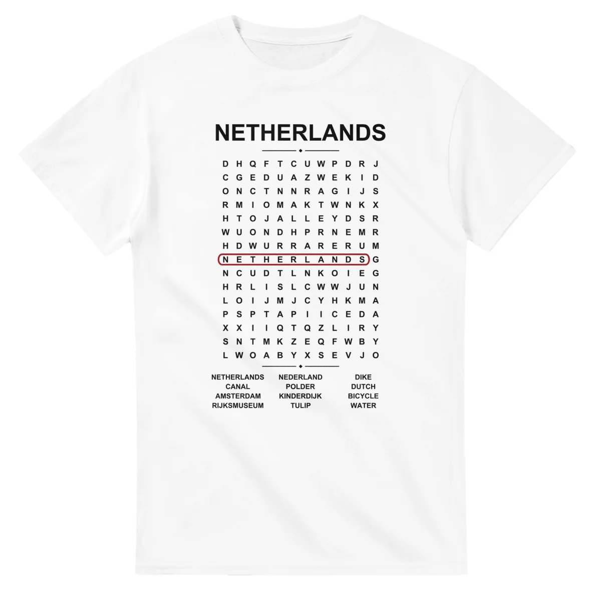 Word-search sheet for Netherlands, with a large place-name heading, a letter grid, a local answer list, and a red highlighted example word.