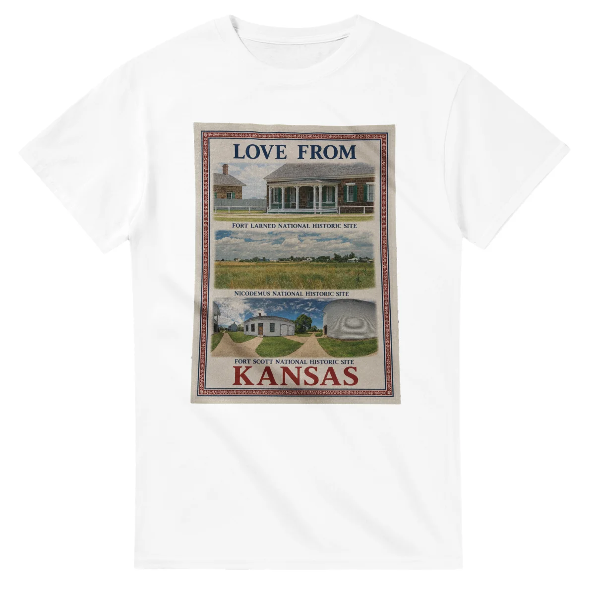 Framed scenic design for Kansas, with several local views, a decorative border and LOVE FROM lettering.