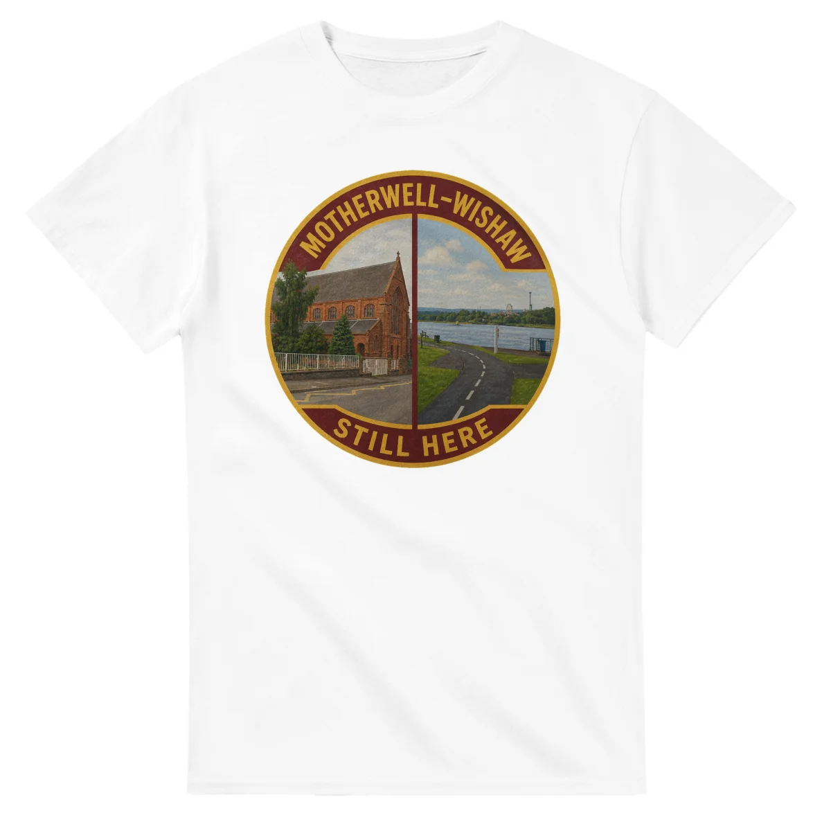Painted, panelled scenic illustration for Motherwell–Wishaw, with paired local scenes and the place name in lettering.