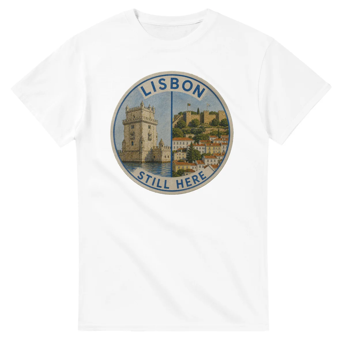 Painted, panelled scenic illustration for Lisbon, with paired local scenes and the place name in lettering.