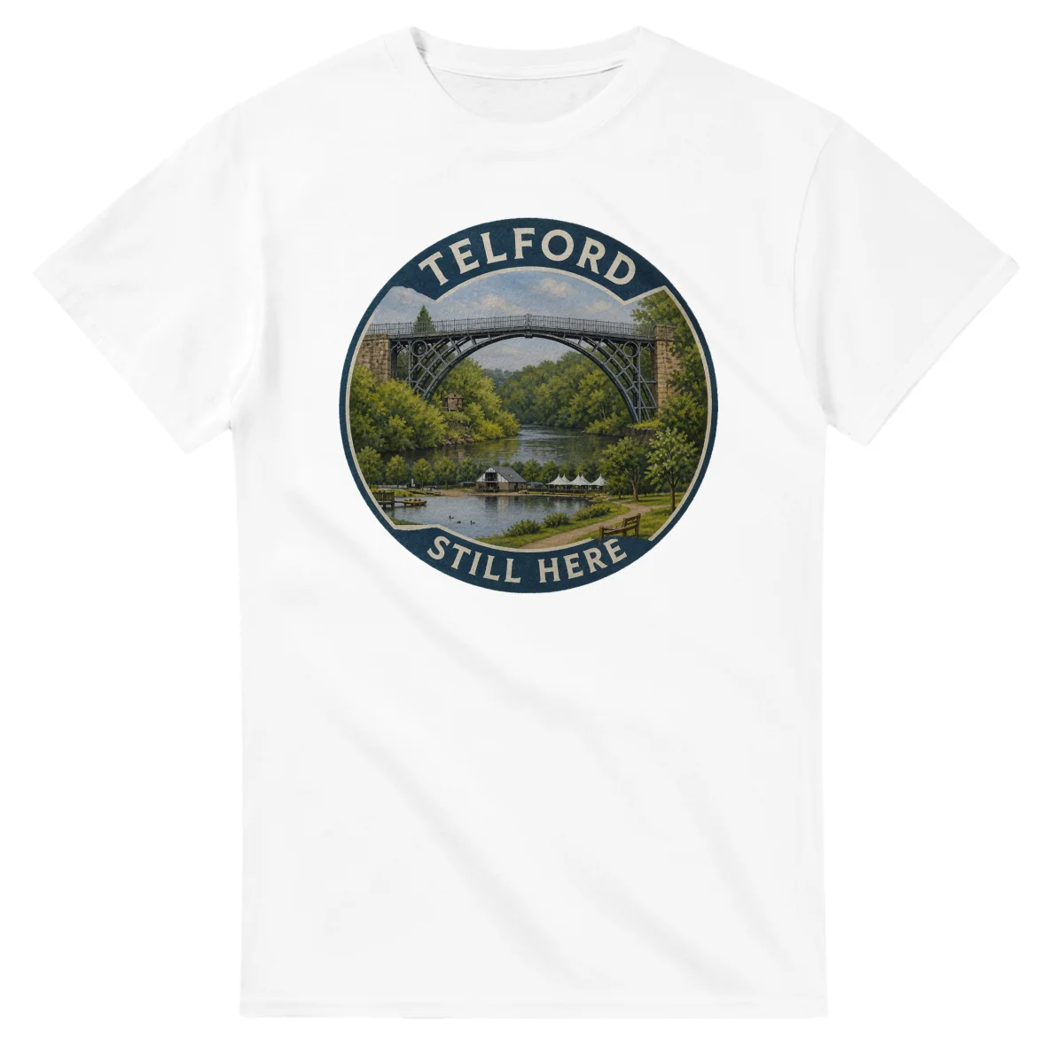 Painted, panelled scenic illustration for Telford, with paired local scenes and the place name in lettering.