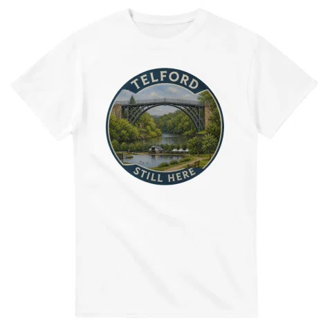 Painted, panelled scenic illustration for Telford, with paired local scenes and the place name in lettering.