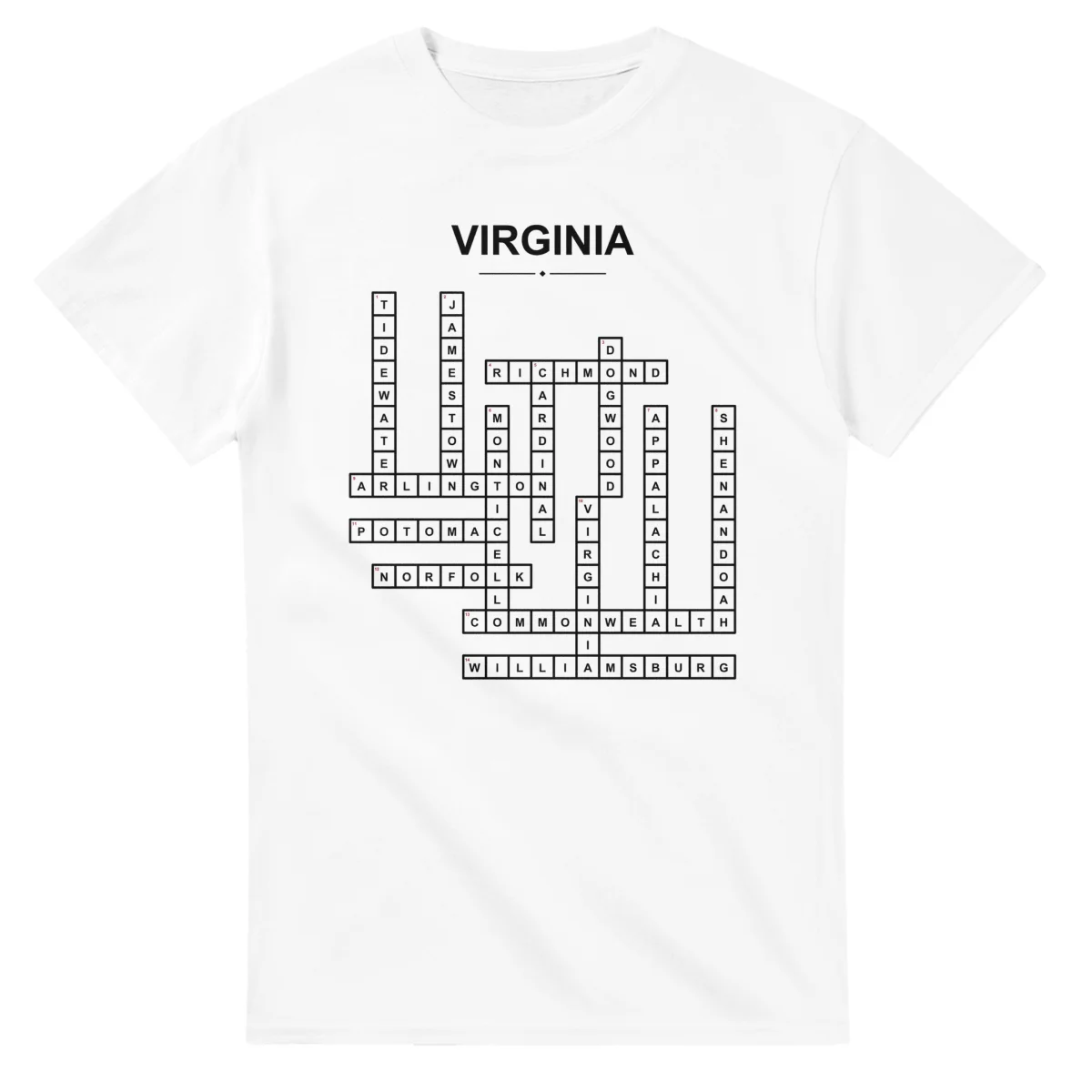 Monochrome crossword sheet for Virginia, with a large place-name heading, a letter grid, and numbered across and down clues.