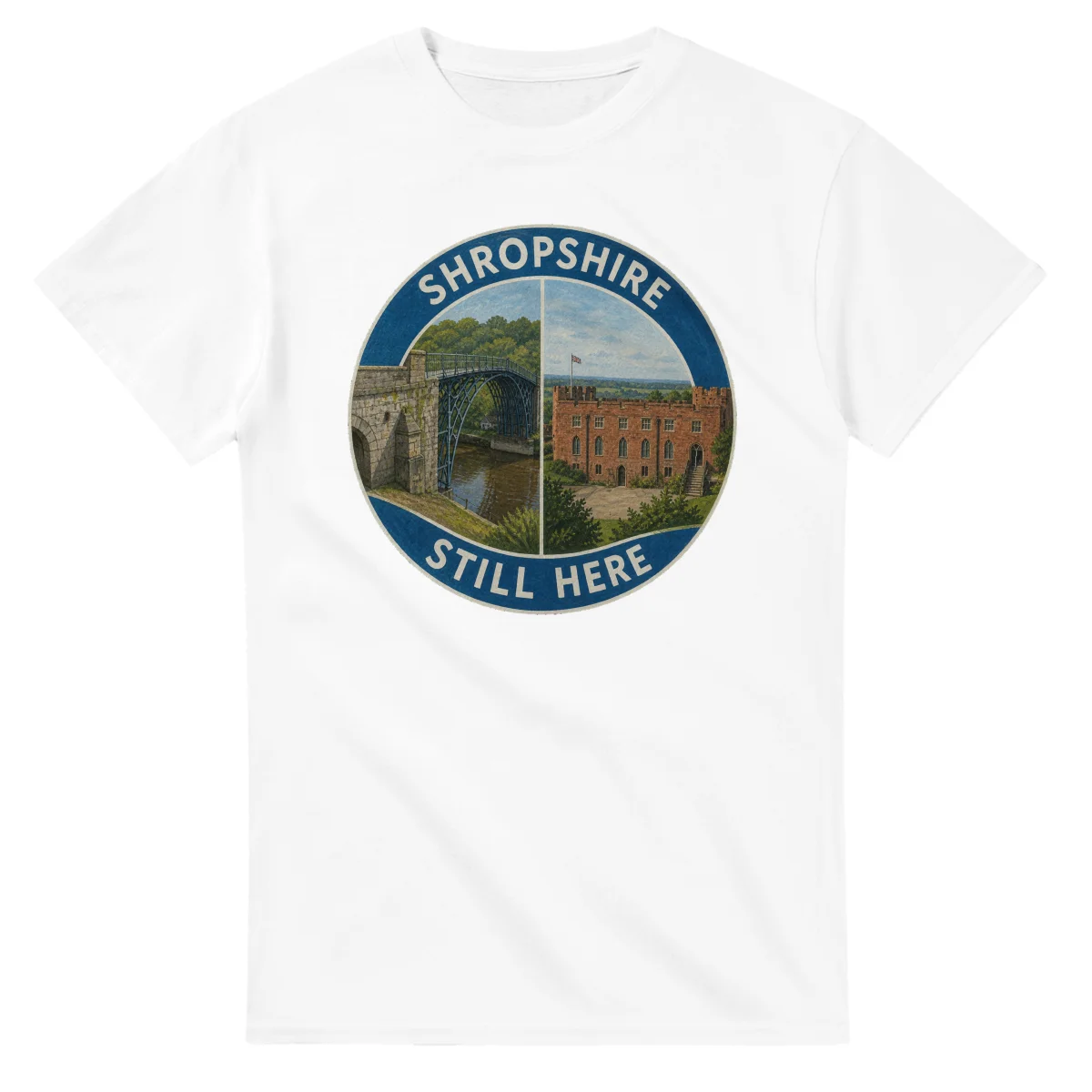 Painted, panelled scenic illustration for Shropshire, with paired local scenes and the place name in lettering.