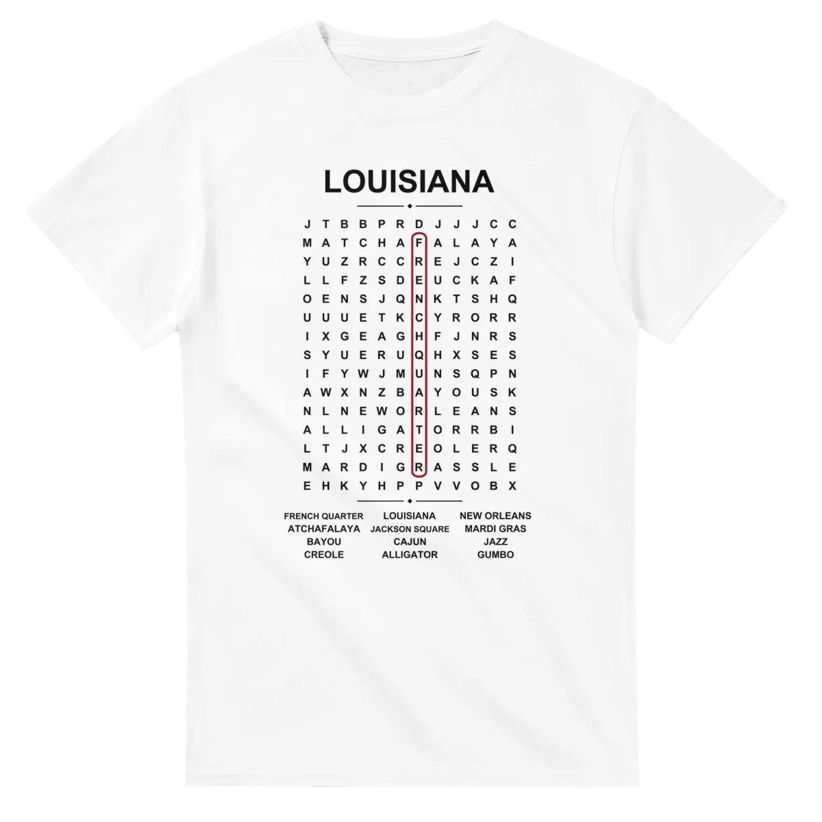 Word-search sheet for Louisiana, with a large place-name heading, a letter grid, a local answer list, and a red highlighted example word.