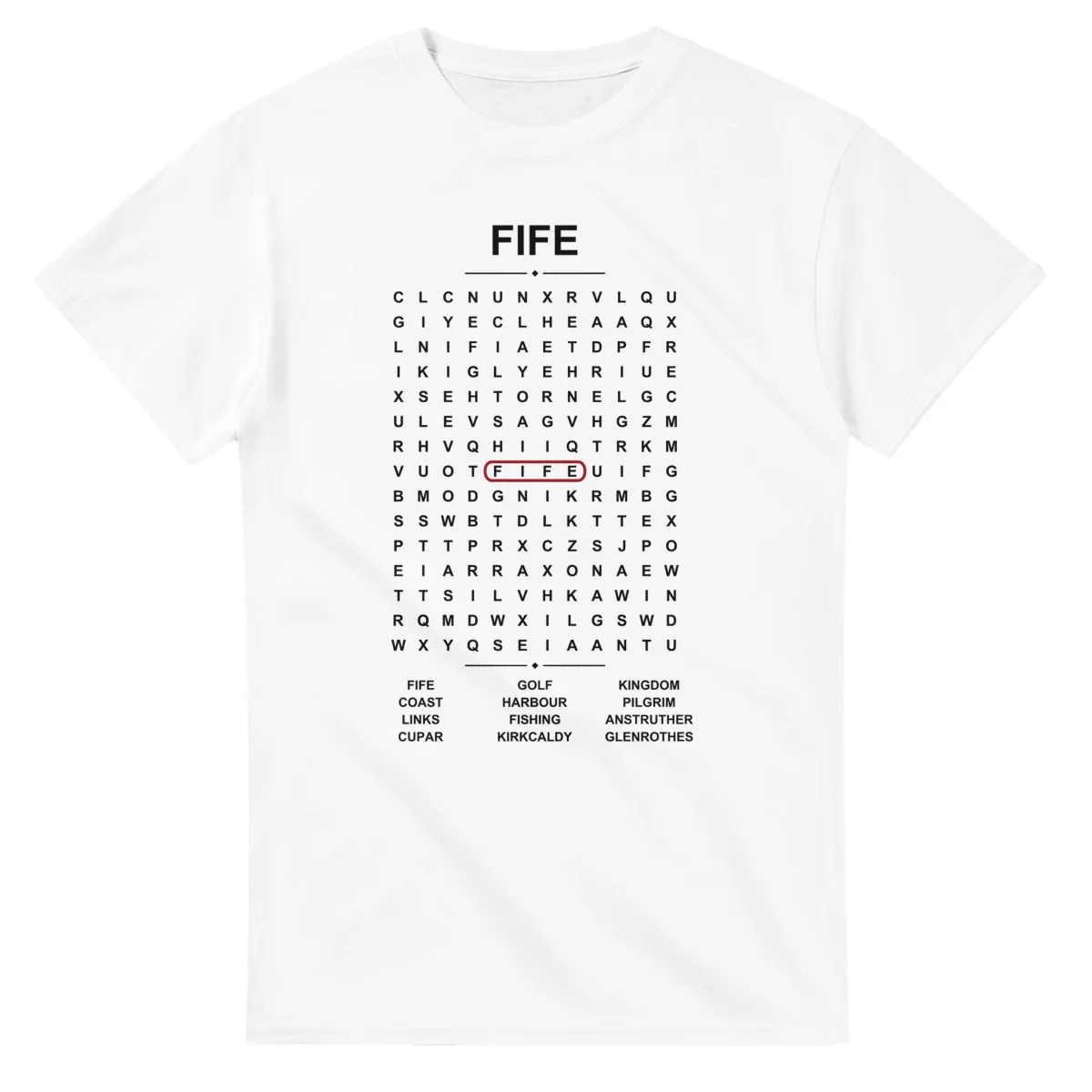 Word-search sheet for Fife, with a large place-name heading, a letter grid, a local answer list, and a red highlighted example word.