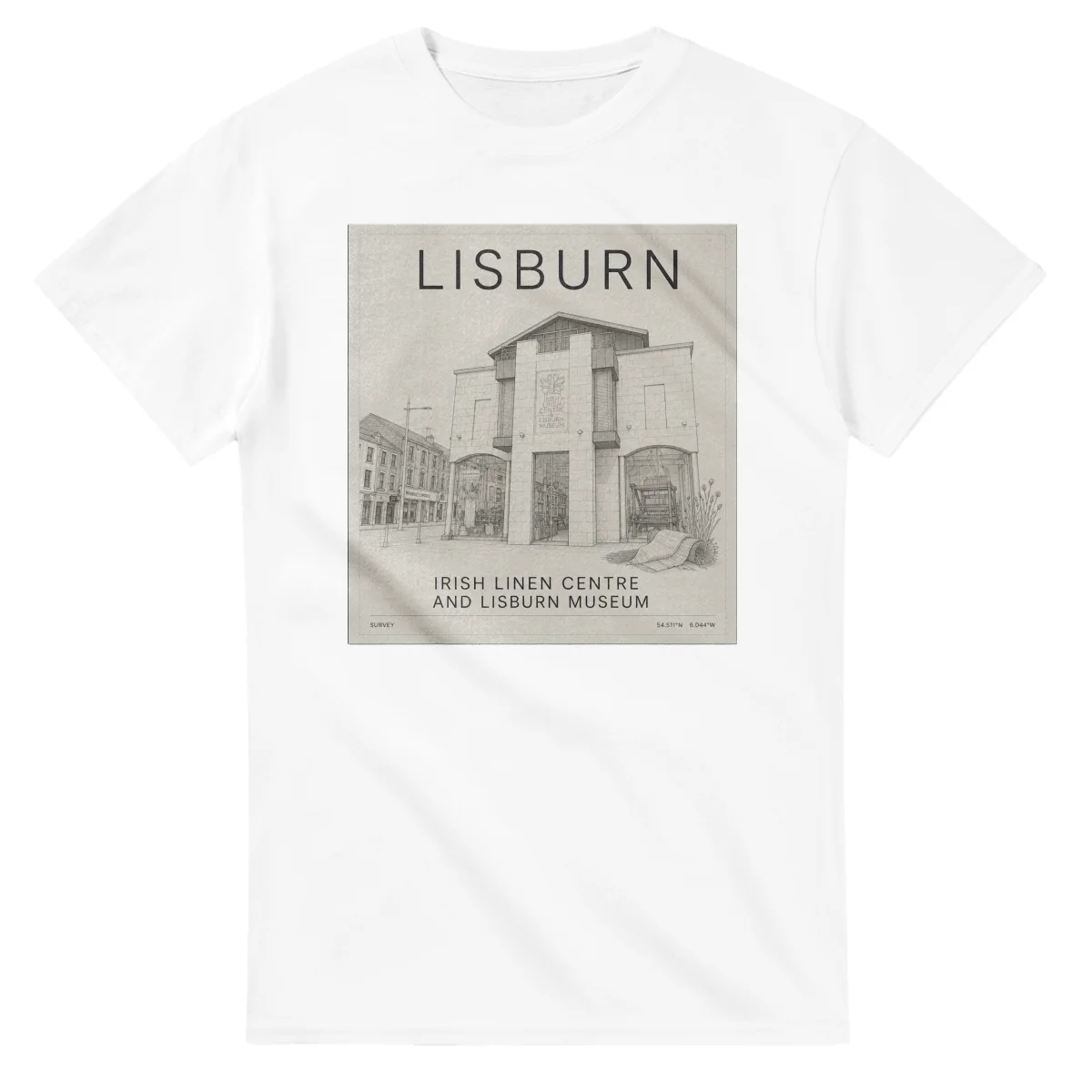 Fine-line engraving-style drawing for Lisburn, with a landmark caption and small coordinate text.