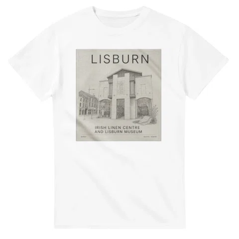 Fine-line engraving-style drawing for Lisburn, with a landmark caption and small coordinate text.