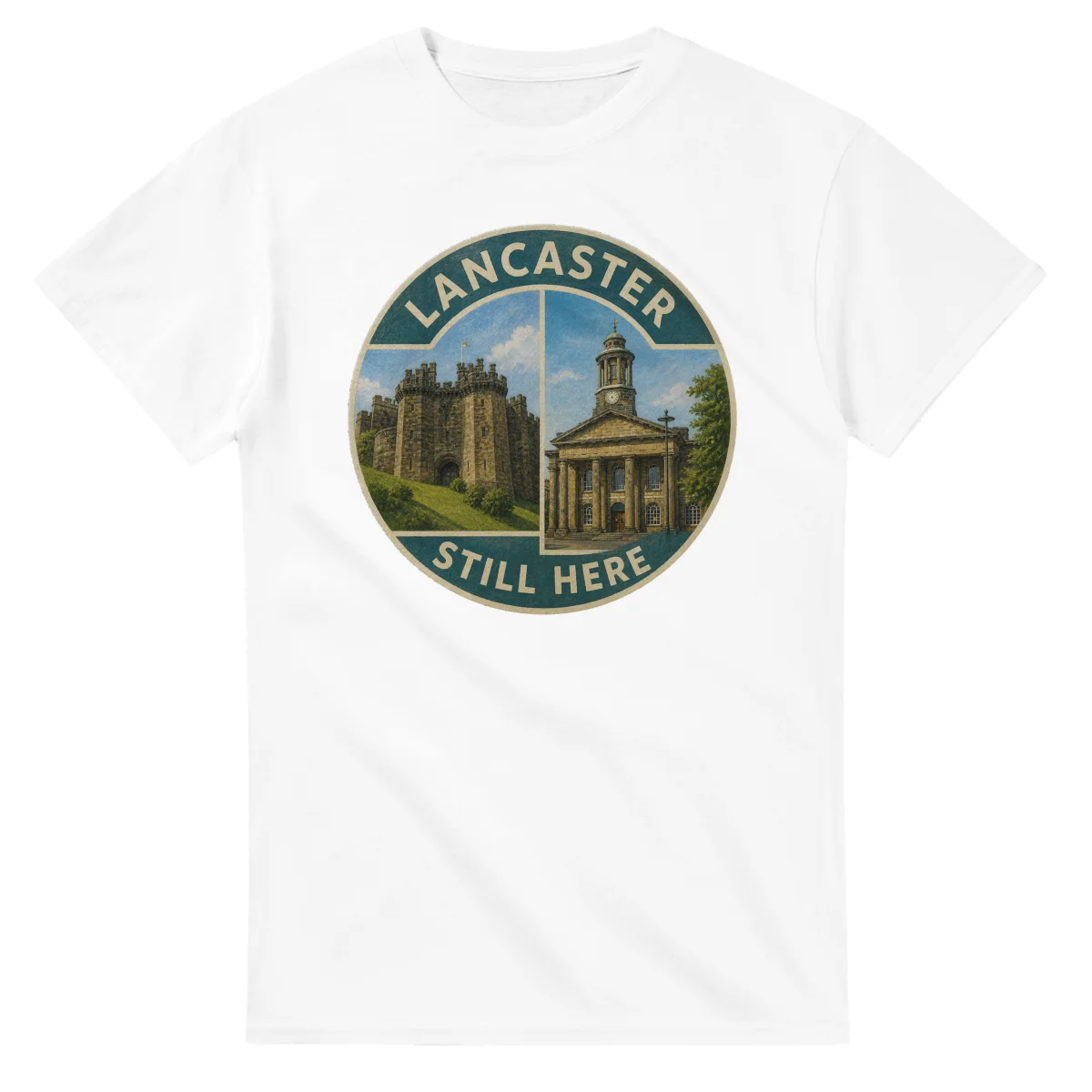Painted, panelled scenic illustration for Lancaster, with paired local scenes and the place name in lettering.