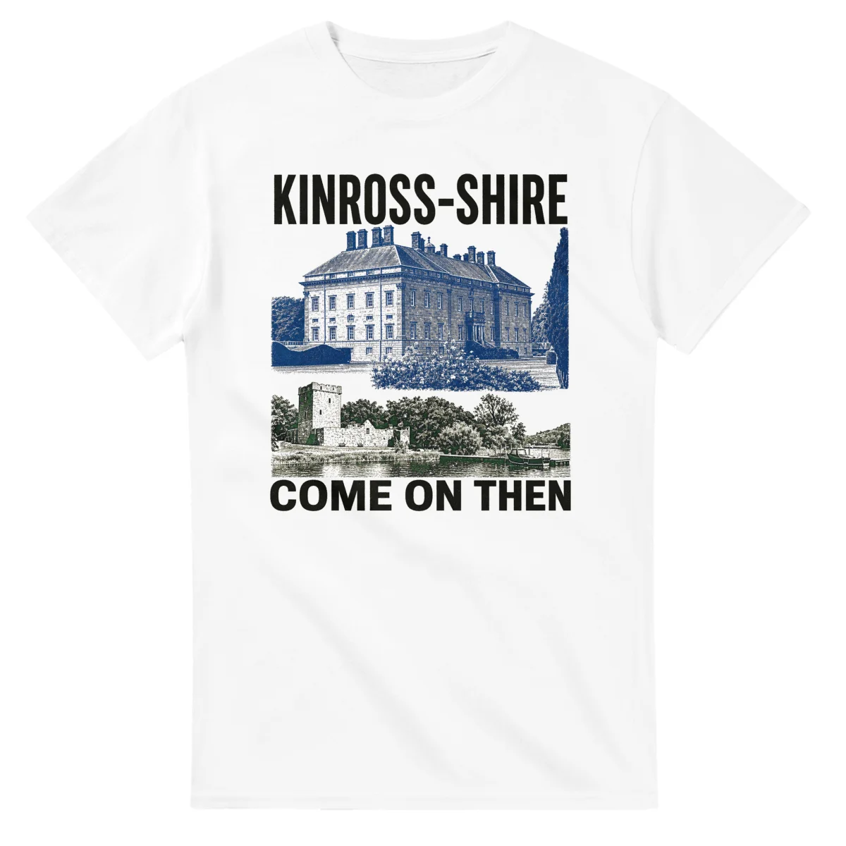 Two-colour scenic illustration for Kinross-shire, with the place name and COME ON THEN lettering.