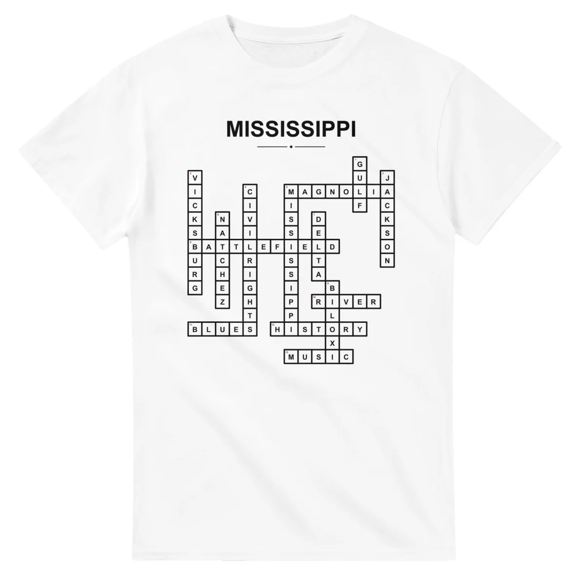 Monochrome crossword sheet for Mississippi, with a large place-name heading, a letter grid, and numbered across and down clues.
