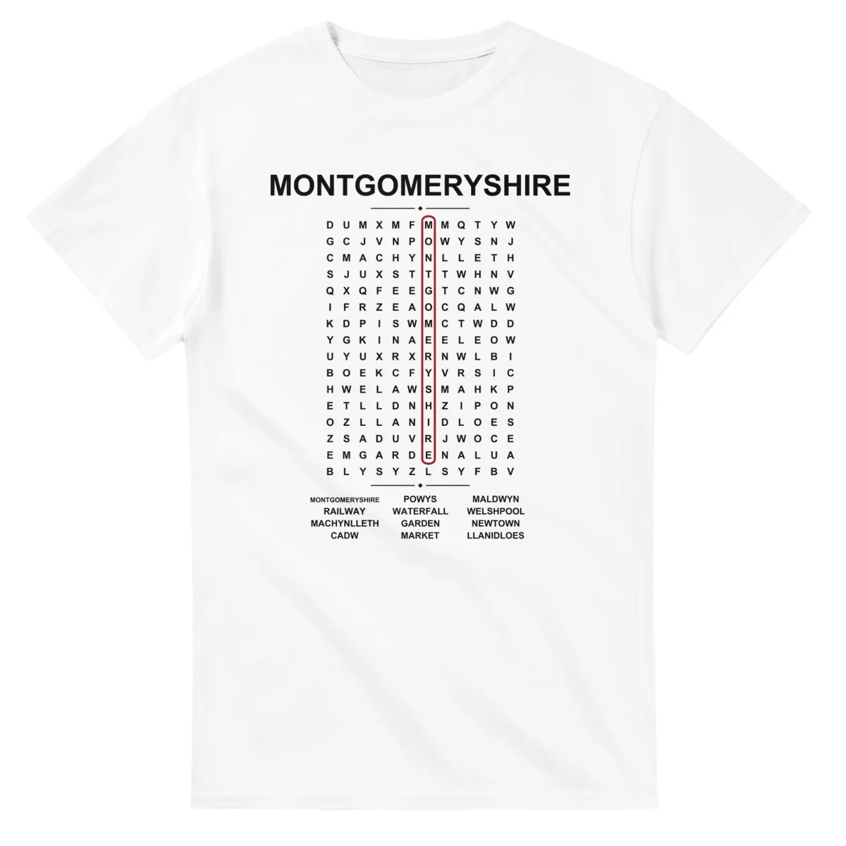 Word-search sheet for Montgomeryshire, with a large place-name heading, a letter grid, a local answer list, and a red highlighted example word.