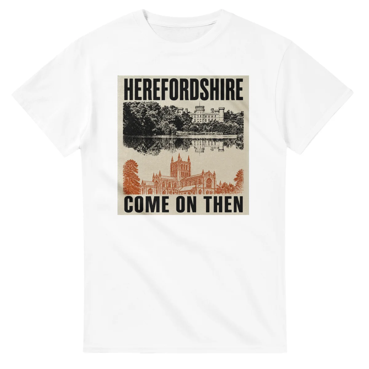 Two-colour scenic illustration for Herefordshire, with the place name and COME ON THEN lettering.