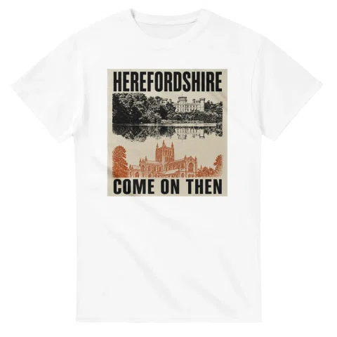 Two-colour scenic illustration for Herefordshire, with the place name and COME ON THEN lettering.