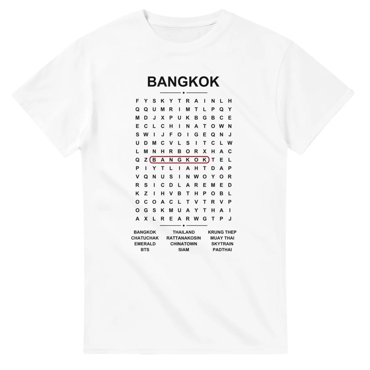 Word-search sheet for Bangkok, with a large place-name heading, a letter grid, a local answer list, and a red highlighted example word.