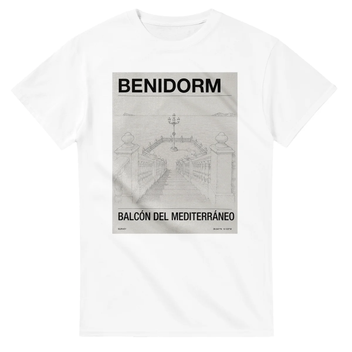 Fine-line engraving-style drawing for Benidorm, with a landmark caption and small coordinate text.