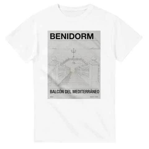 Fine-line engraving-style drawing for Benidorm, with a landmark caption and small coordinate text.