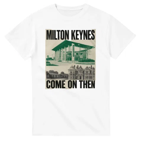 Two-colour scenic illustration for Milton Keynes, with the place name and COME ON THEN lettering.