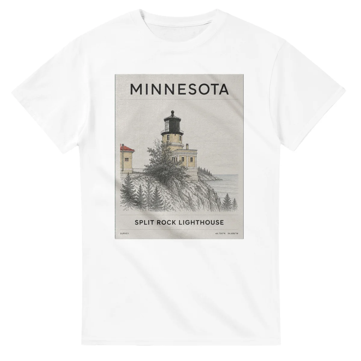 Fine-line engraving-style drawing for Minnesota, with a landmark caption and small coordinate text.