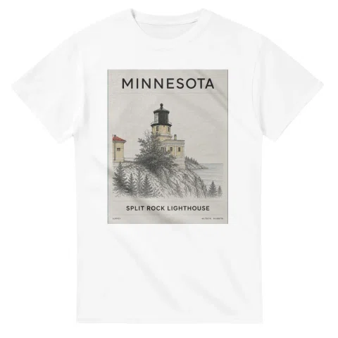 Fine-line engraving-style drawing for Minnesota, with a landmark caption and small coordinate text.