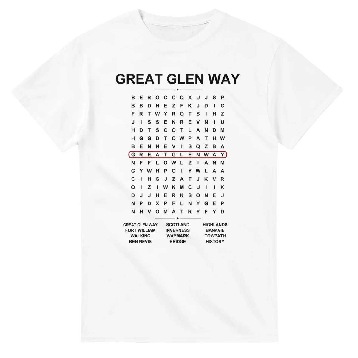 Word-search sheet for Great Glen Way, with a large place-name heading, a letter grid, a local answer list, and a red highlighted example word.