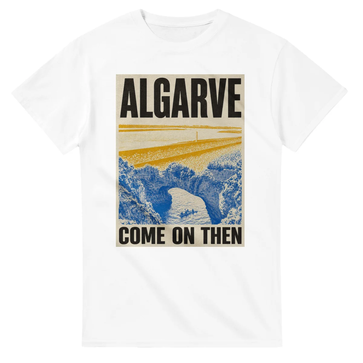 Two-colour scenic illustration for Algarve, with the place name and COME ON THEN lettering.