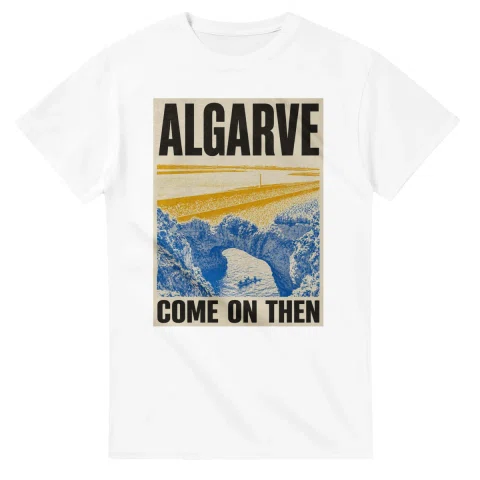 Two-colour scenic illustration for Algarve, with the place name and COME ON THEN lettering.