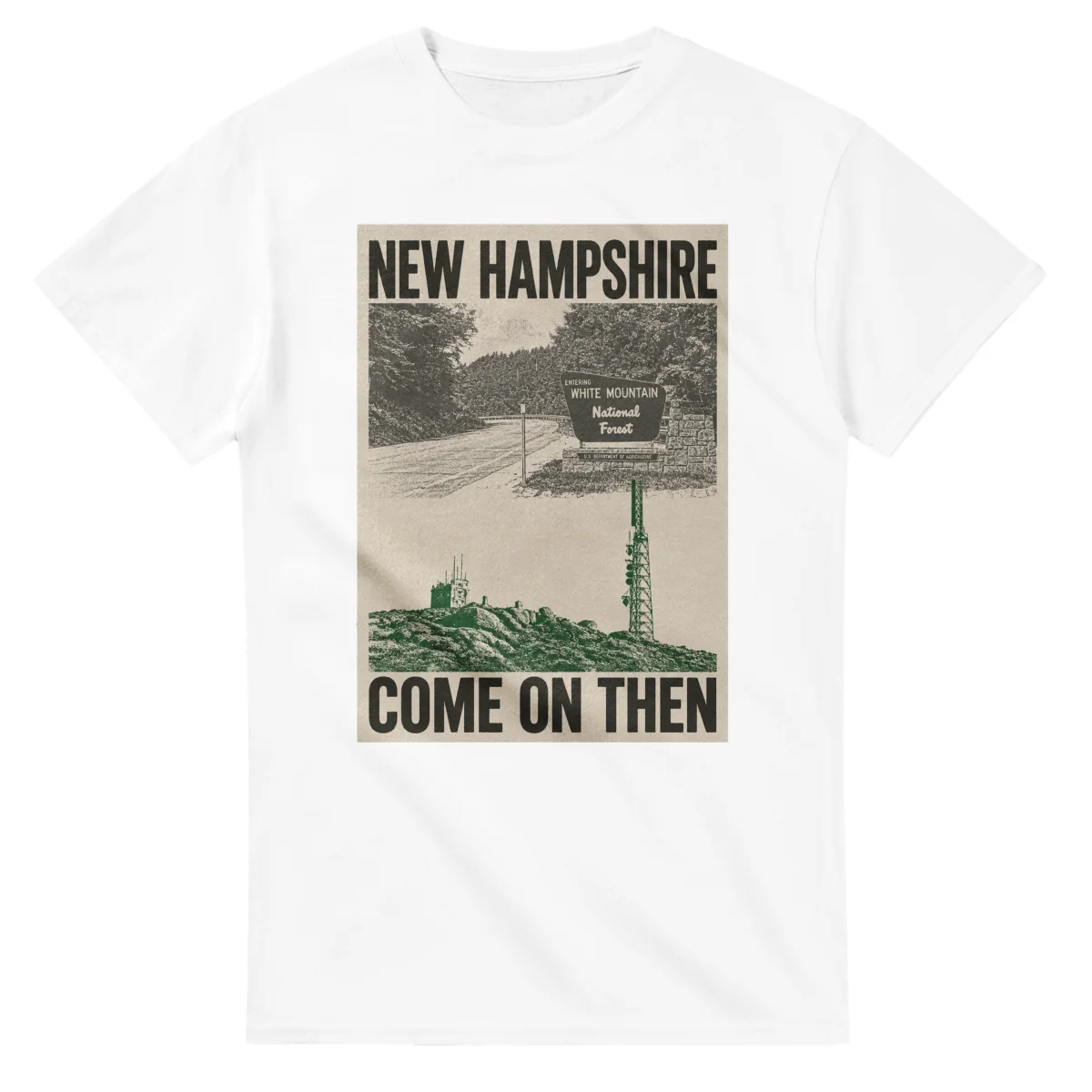 Two-colour scenic illustration for New Hampshire, with the place name and COME ON THEN lettering.