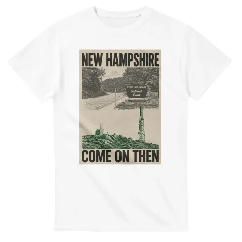 Two-colour scenic illustration for New Hampshire, with the place name and COME ON THEN lettering.