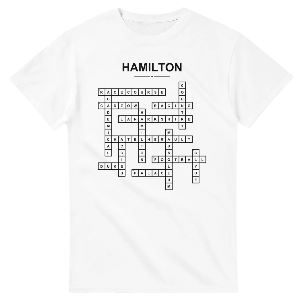 Monochrome crossword sheet for Hamilton, with a large place-name heading, a letter grid, and numbered across and down clues.