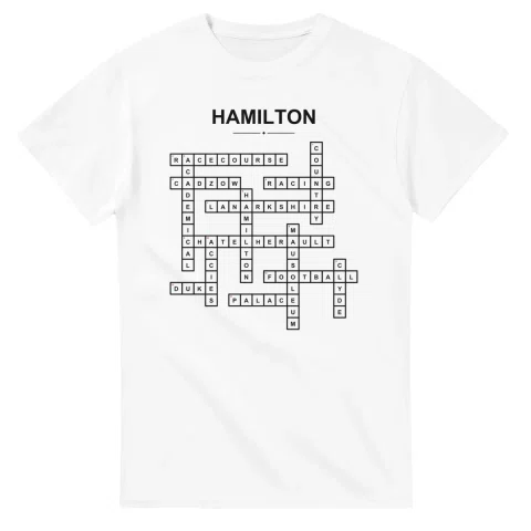 Monochrome crossword sheet for Hamilton, with a large place-name heading, a letter grid, and numbered across and down clues.