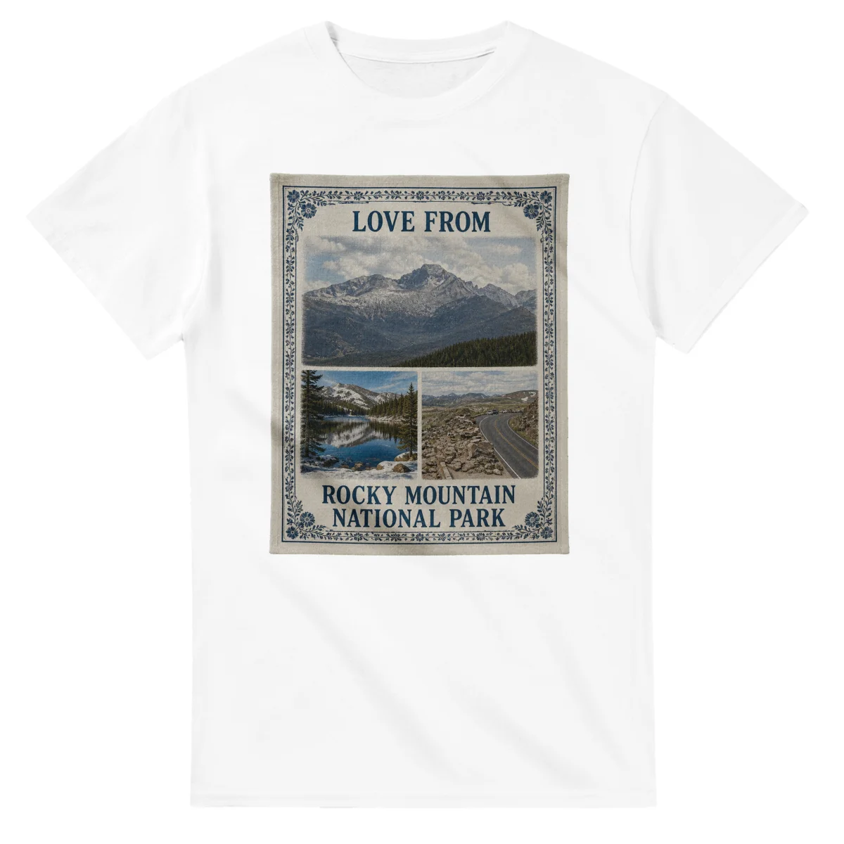 Framed scenic design for Rocky Mountain National Park, with several local views, a decorative border and LOVE FROM lettering.
