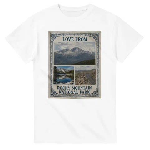 Framed scenic design for Rocky Mountain National Park, with several local views, a decorative border and LOVE FROM lettering.