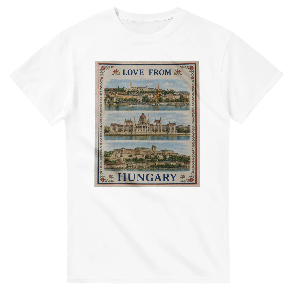 Framed scenic design for Hungary, with several local views, a decorative border and LOVE FROM lettering.