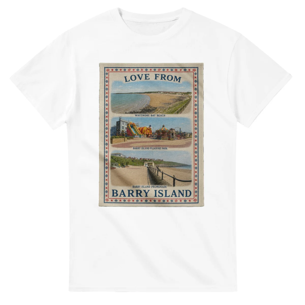 Framed scenic design for Barry Island, with several local views, a decorative border and LOVE FROM lettering.
