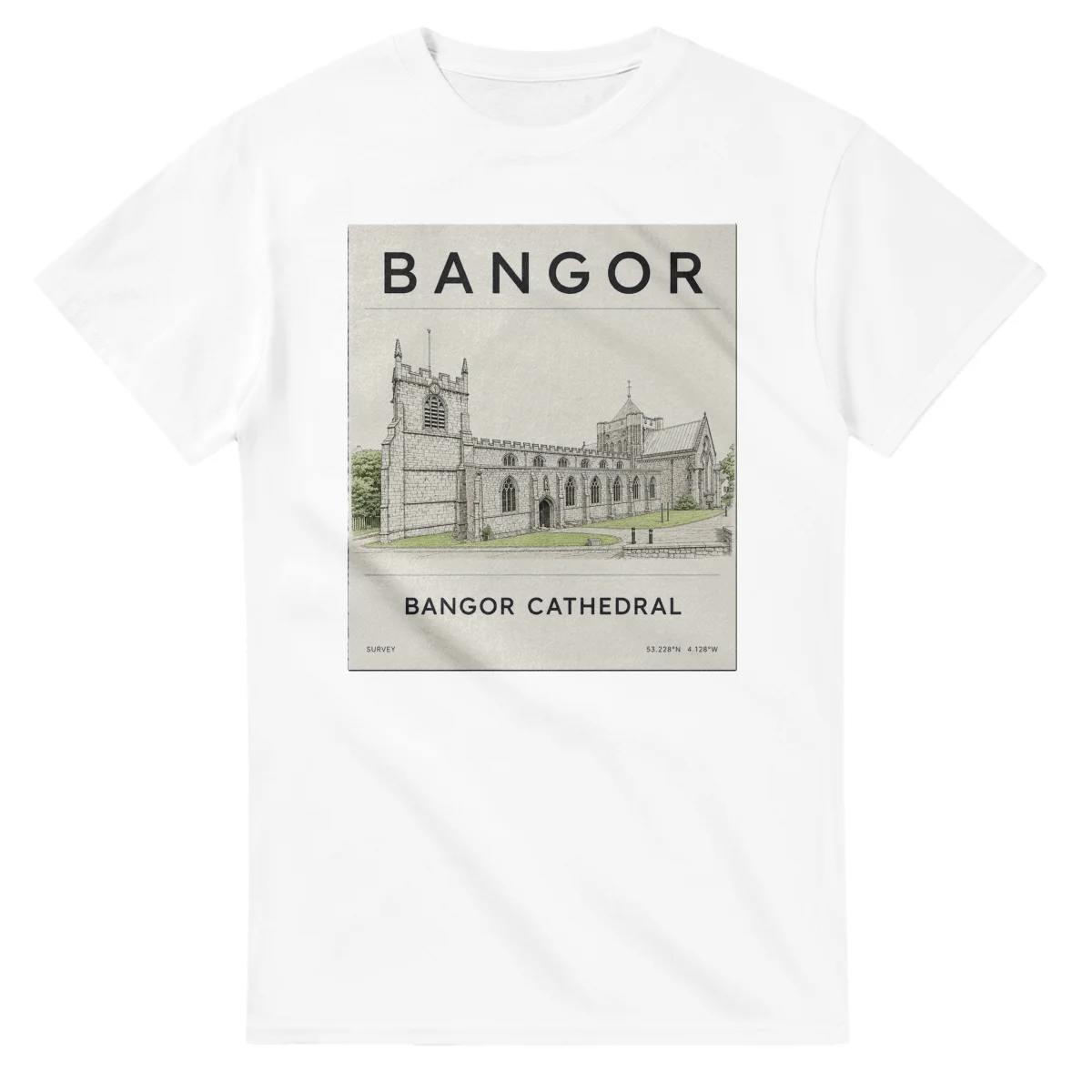 Fine-line engraving-style drawing for Bangor, with a landmark caption and small coordinate text.