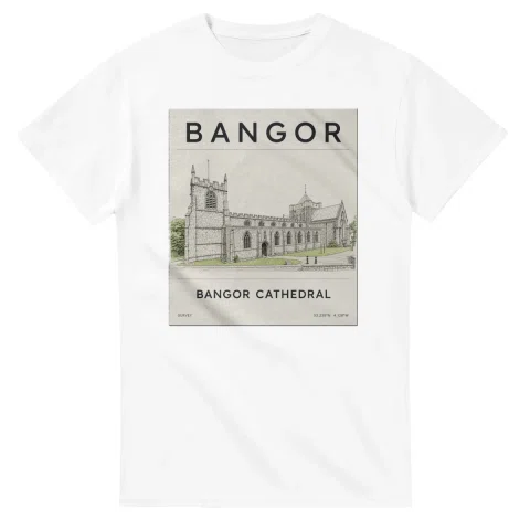 Fine-line engraving-style drawing for Bangor, with a landmark caption and small coordinate text.