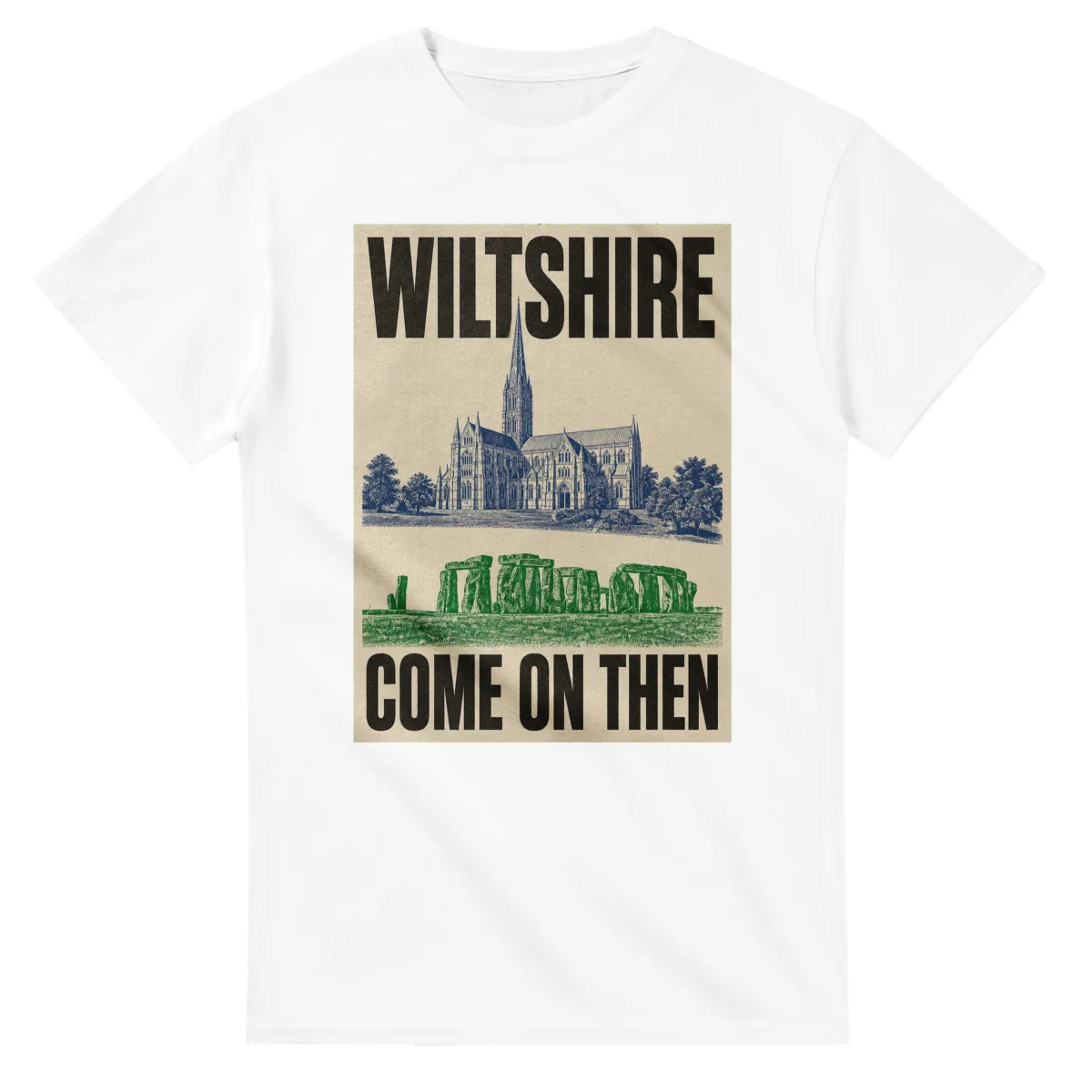 Two-colour scenic illustration for Wiltshire, with the place name and COME ON THEN lettering.