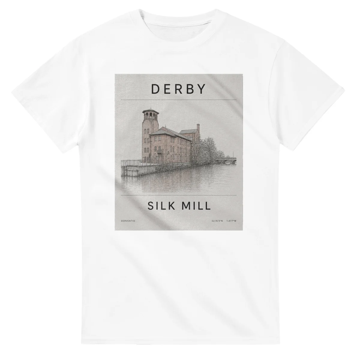 Fine-line engraving-style drawing for Derby, with a landmark caption and small coordinate text.
