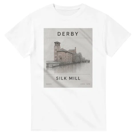 Fine-line engraving-style drawing for Derby, with a landmark caption and small coordinate text.