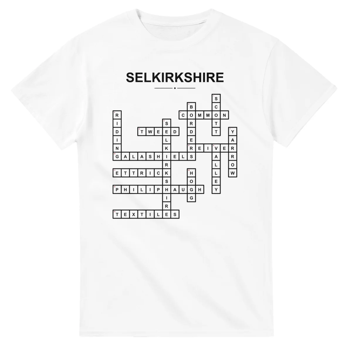 Monochrome crossword sheet for Selkirkshire, with a large place-name heading, a letter grid, and numbered across and down clues.