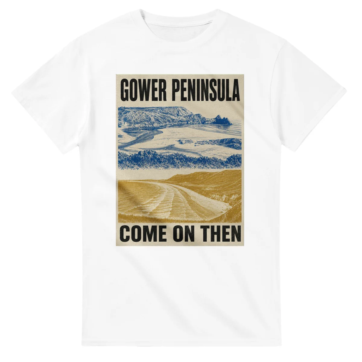 Two-colour scenic illustration for Gower Peninsula, with the place name and COME ON THEN lettering.