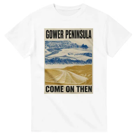 Two-colour scenic illustration for Gower Peninsula, with the place name and COME ON THEN lettering.