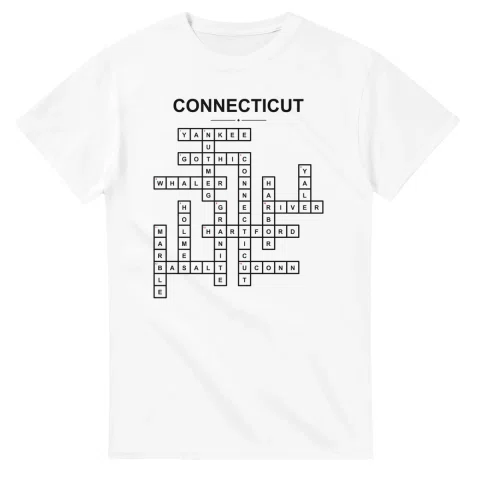 Monochrome crossword sheet for Connecticut, with a large place-name heading, a letter grid, and numbered across and down clues.