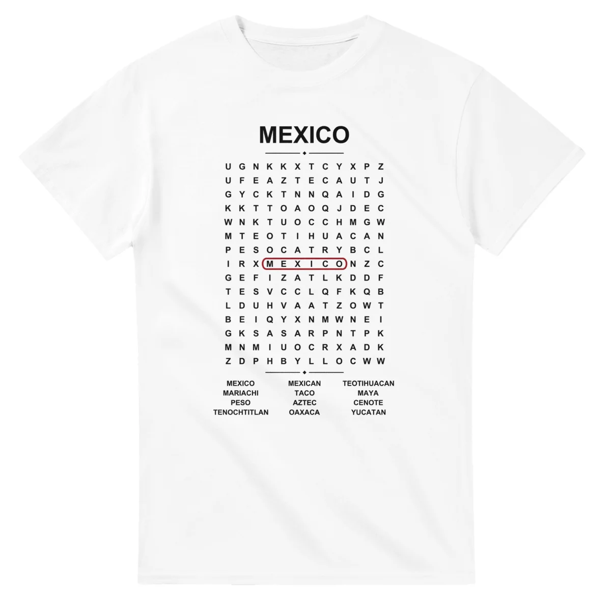 Word-search sheet for Mexico, with a large place-name heading, a letter grid, a local answer list, and a red highlighted example word.