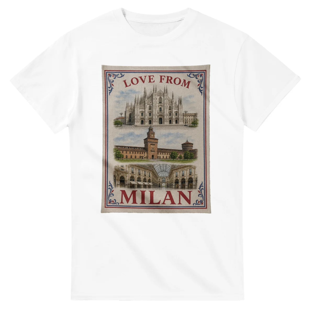 Framed scenic design for Milan, with several local views, a decorative border and LOVE FROM lettering.